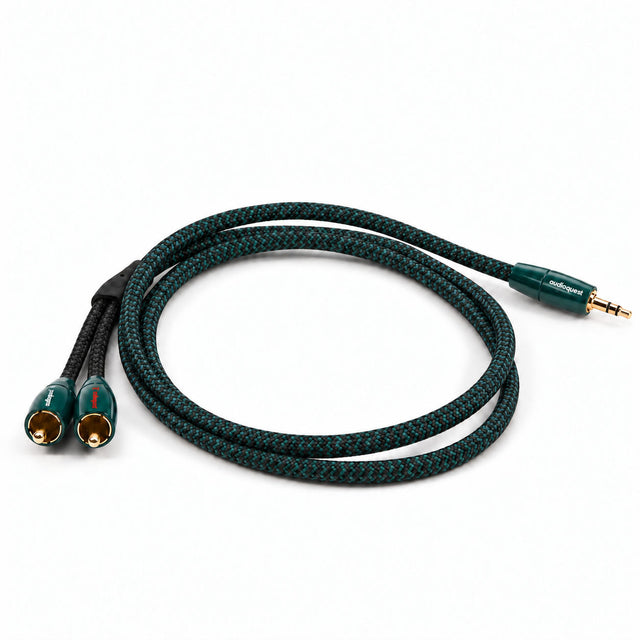 A black audio splitter cable with a single 3.5mm jack connector on one end and two gold-plated RCA connectors on the other, coiled on a white background.