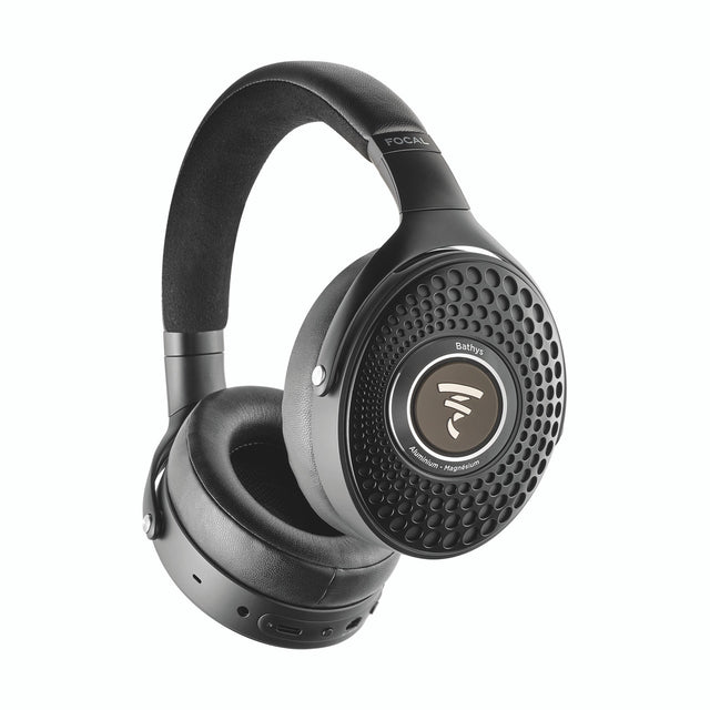 Focal Bathys Deep Black wireless noise cancelling headphones front view showing all-black design with M-shaped dome driver grilles