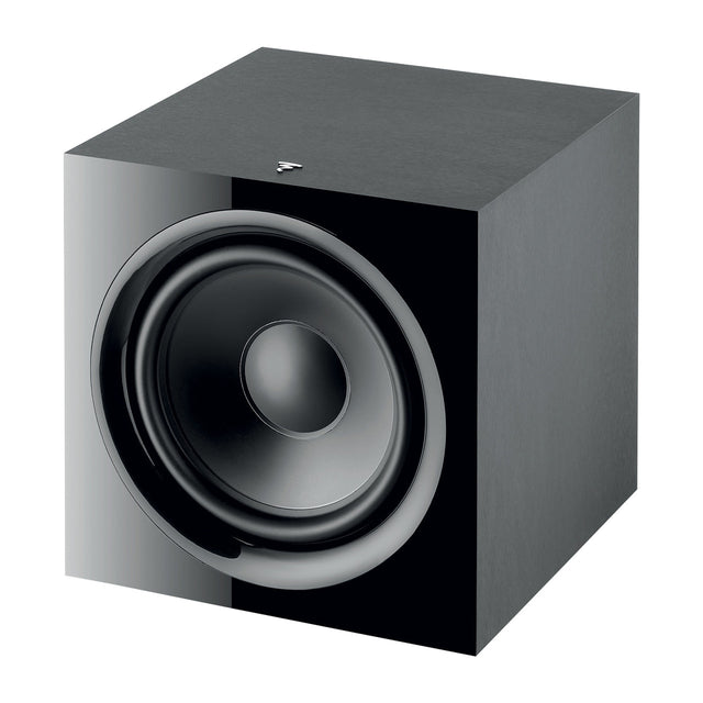 Focal SUB 600P powered subwoofer front view showing 12-inch Polyglass driver in black vinyl finish