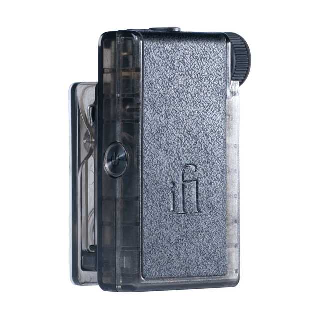iFi GO blu Air portable Bluetooth DAC and headphone amplifier front view showing leather-texture front panel and ChronoDial