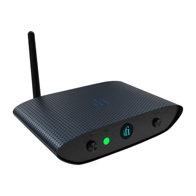 iFi ZEN Air Blue 2 Bluetooth DAC receiver front view showing pairing button and LED codec indicator in midnight blue finish