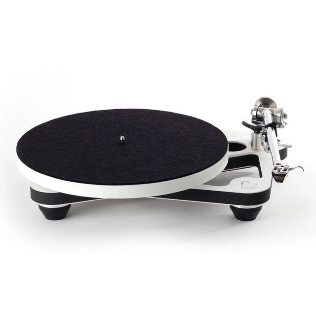 Rega PL10 turntable with felt mat and tonearm, angled front view on a white background