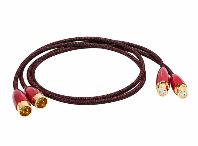 A coiled audio cable with a dark brown braided jacket and red-and-gold XLR connectors on both ends, shown on a plain white background.